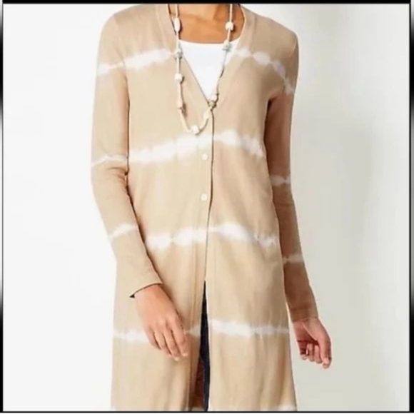 J.jill Pure Jill Long Line Oatmeal Tie-Dye Cotton Mix Knit Minimalist Cardigan - Picture 1 of 9